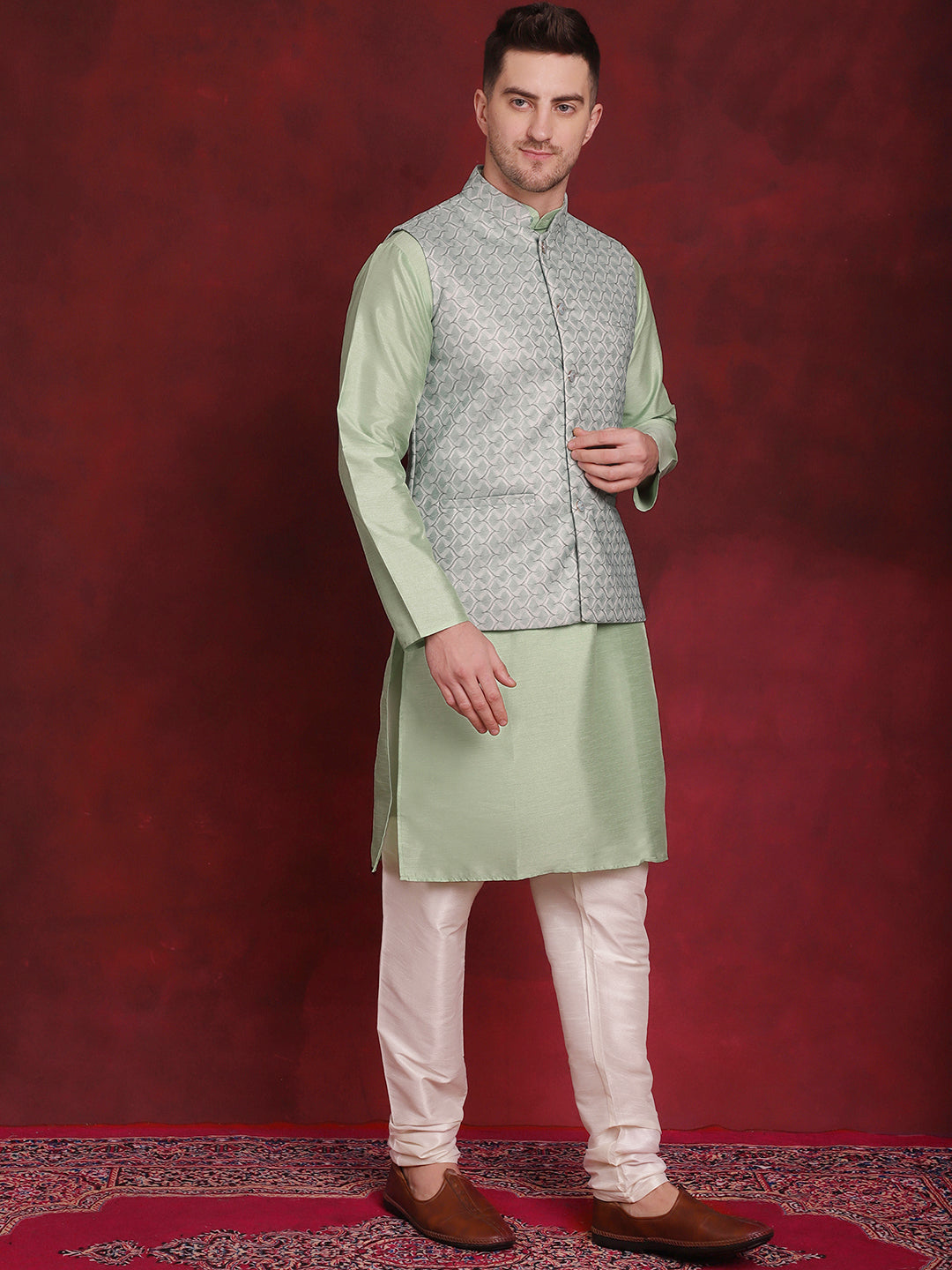 Jompers Men's Green Woven Design Nehru Jacket With Kurta Pyjama Set