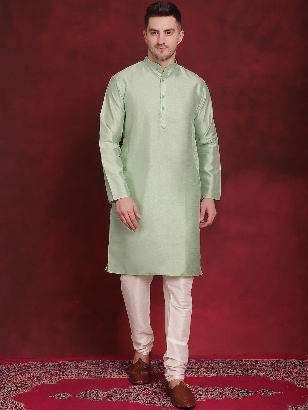 Jompers Men's Green Woven Design Nehru Jacket With Kurta Pyjama Set