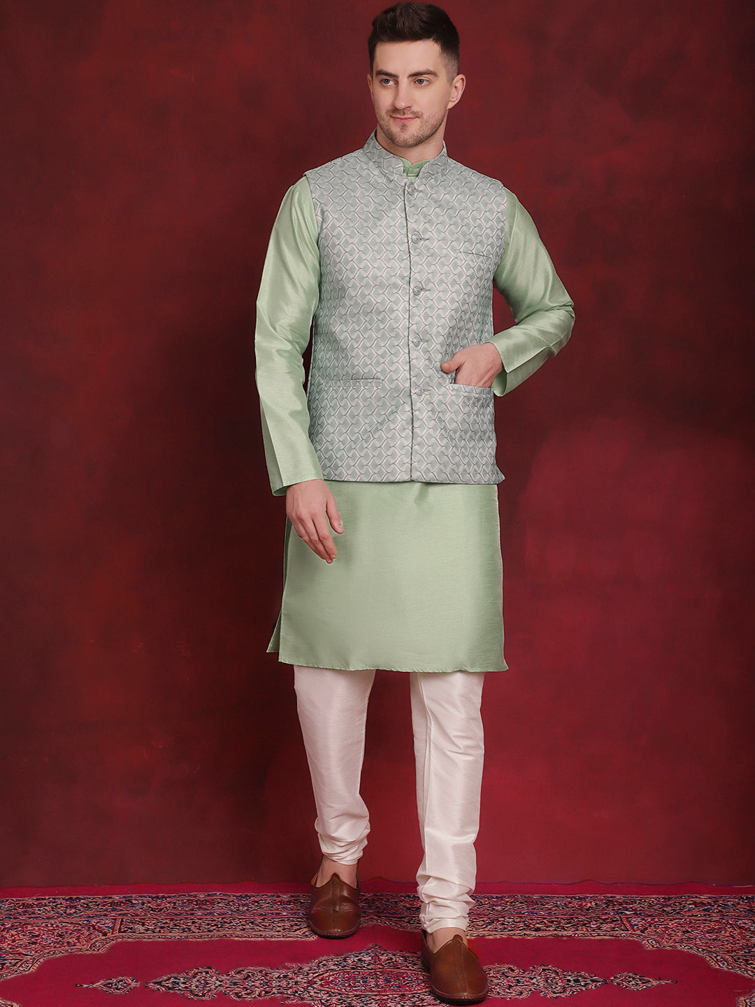 Jompers Men's Green Woven Design Nehru Jacket With Kurta Pyjama Set