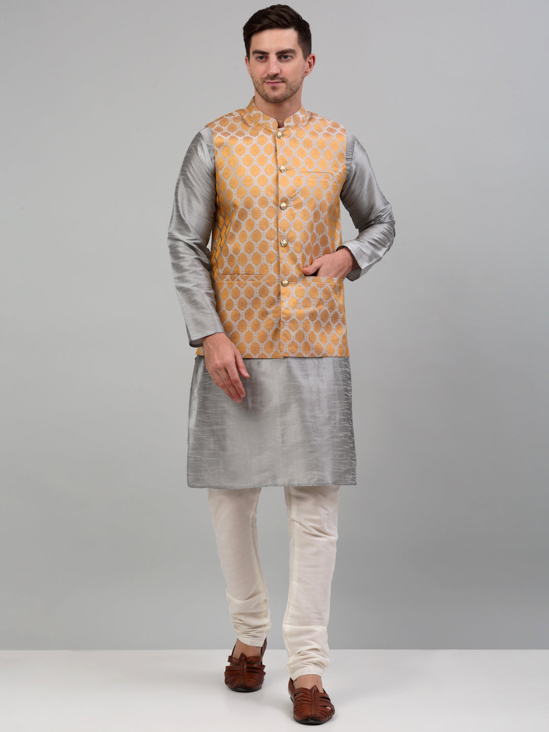Jompers Men's Woven Design Nehru Jacket and Kurta Pyjama Set - Silver