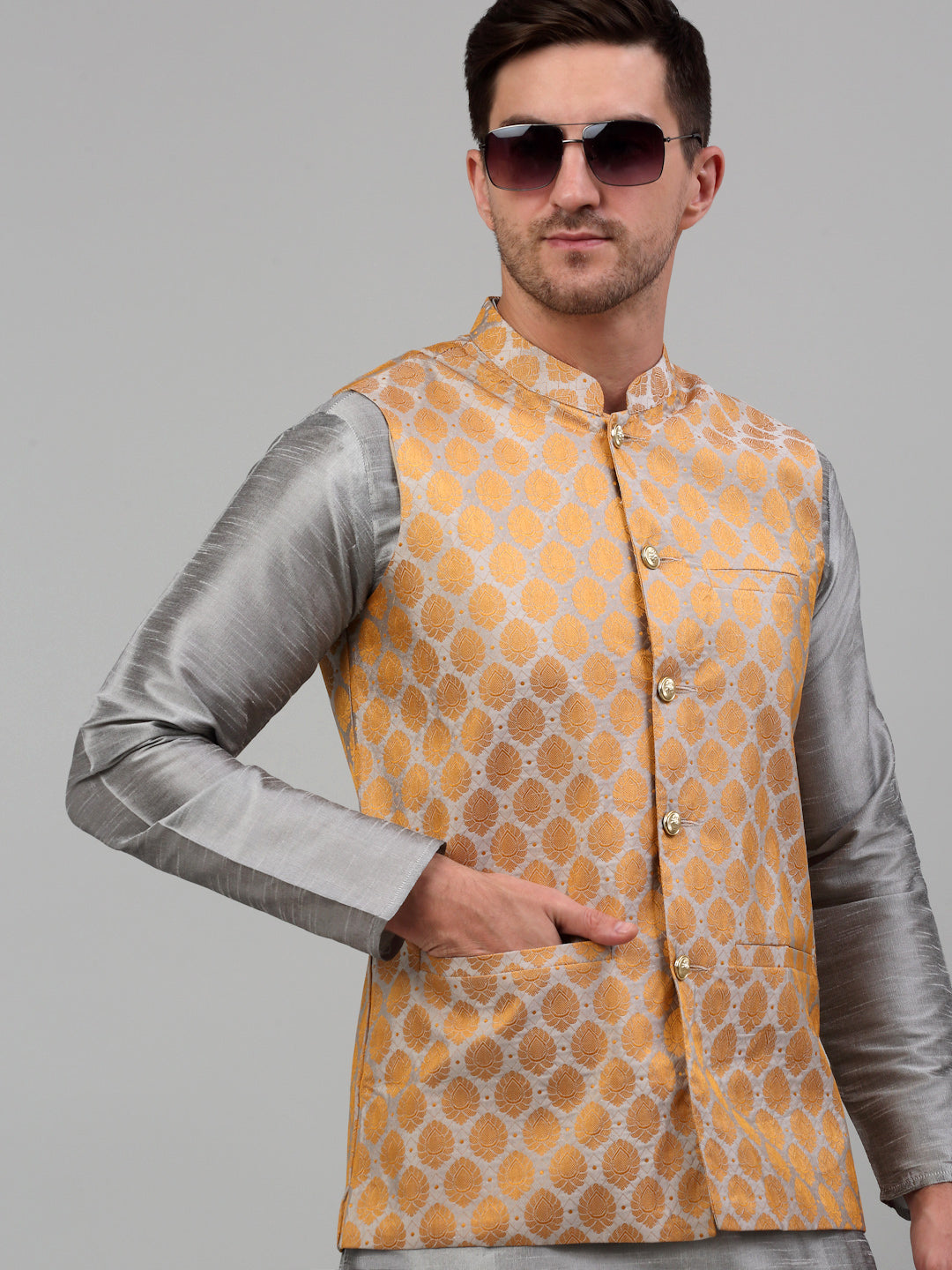 Jompers Men's Woven Design Nehru Jacket and Kurta Pyjama Set - Silver