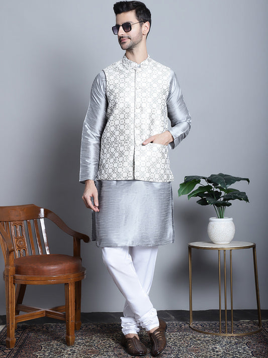 Jompers Men's Woven Design Nehru Jacket With Kurta Pyjama Set - Cream