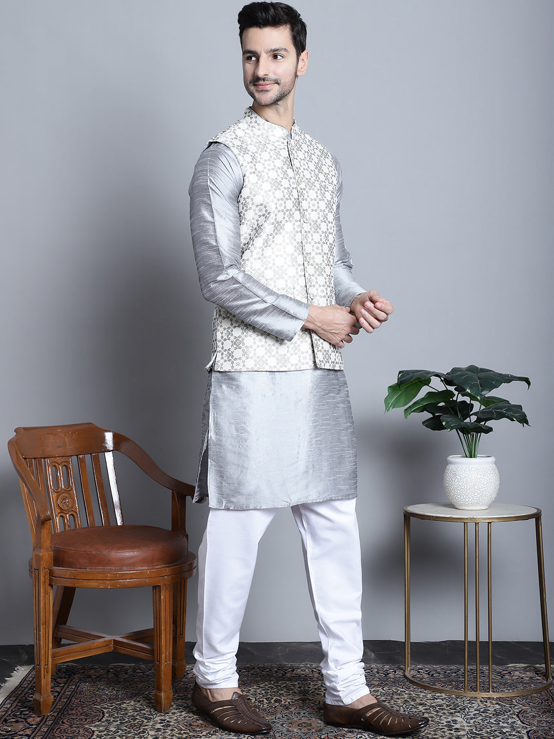 Jompers Men's Woven Design Nehru Jacket With Kurta Pyjama Set - Cream