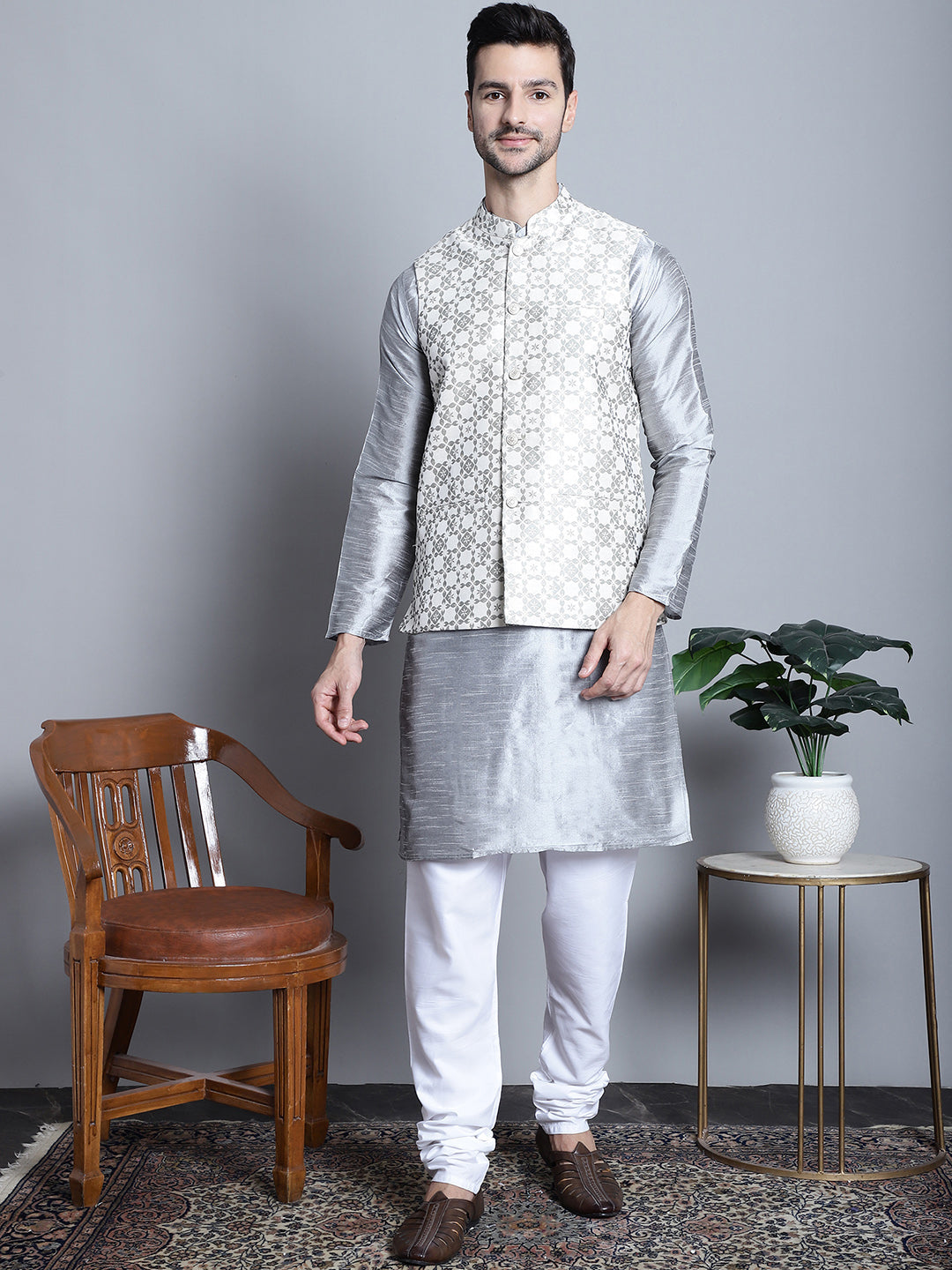 Jompers Men's Woven Design Nehru Jacket With Kurta Pyjama Set - Cream