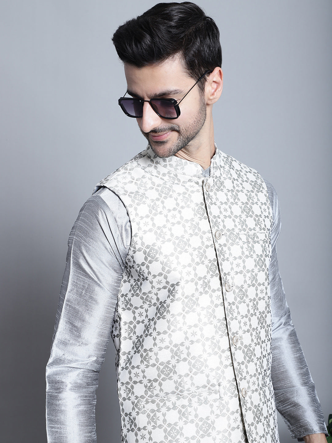 Jompers Men's Woven Design Nehru Jacket With Kurta Pyjama Set - Cream