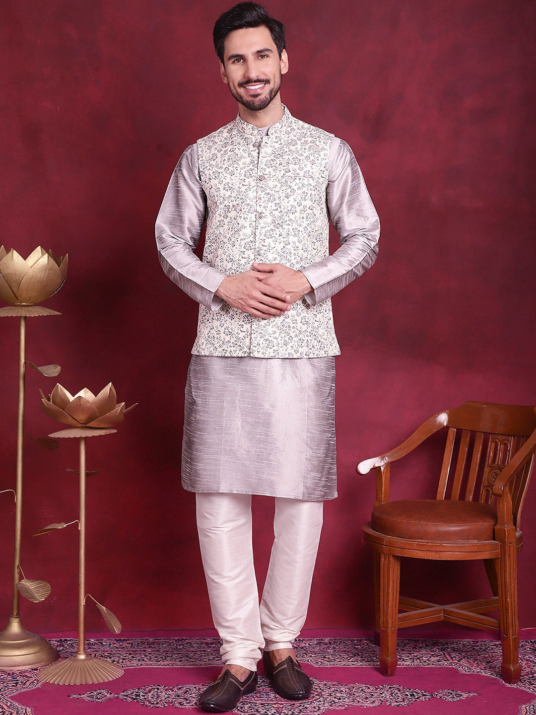 Jompers Men's Woven Design Nehru Jacket With Kurta Pyjama Set - Grey