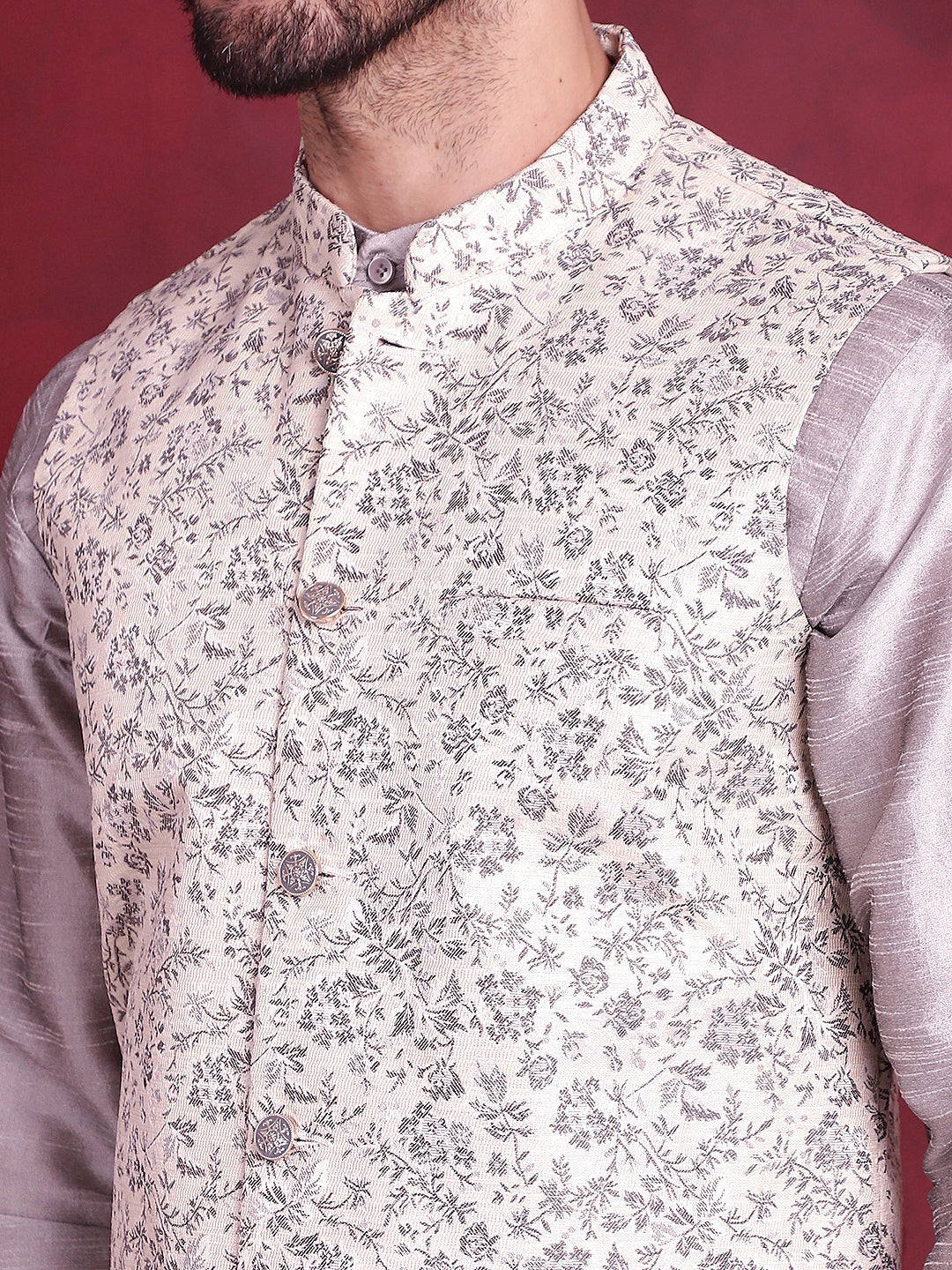 Jompers Men's Woven Design Nehru Jacket With Kurta Pyjama Set - Grey