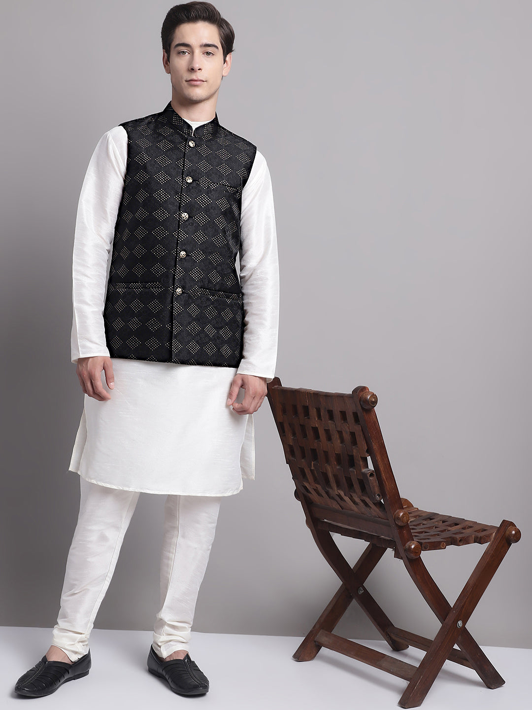 Jompers Men's Black Woven Design Nehru Jacket With Solid Kurta Pyjama
