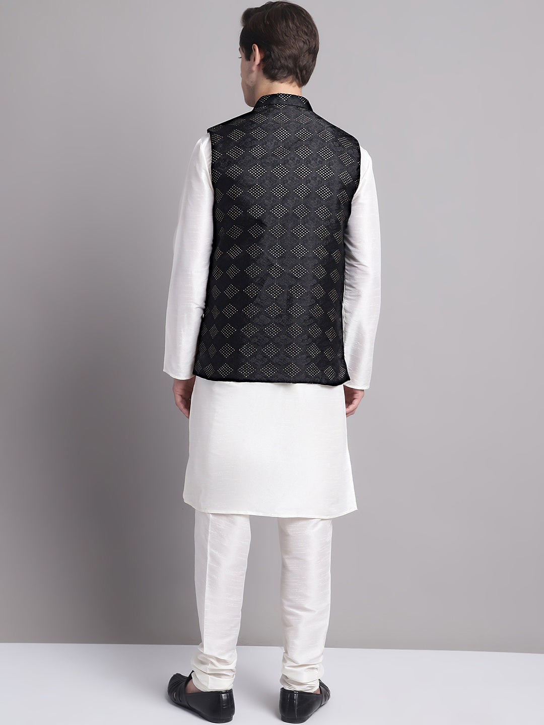 Jompers Men's Black Woven Design Nehru Jacket With Solid Kurta Pyjama