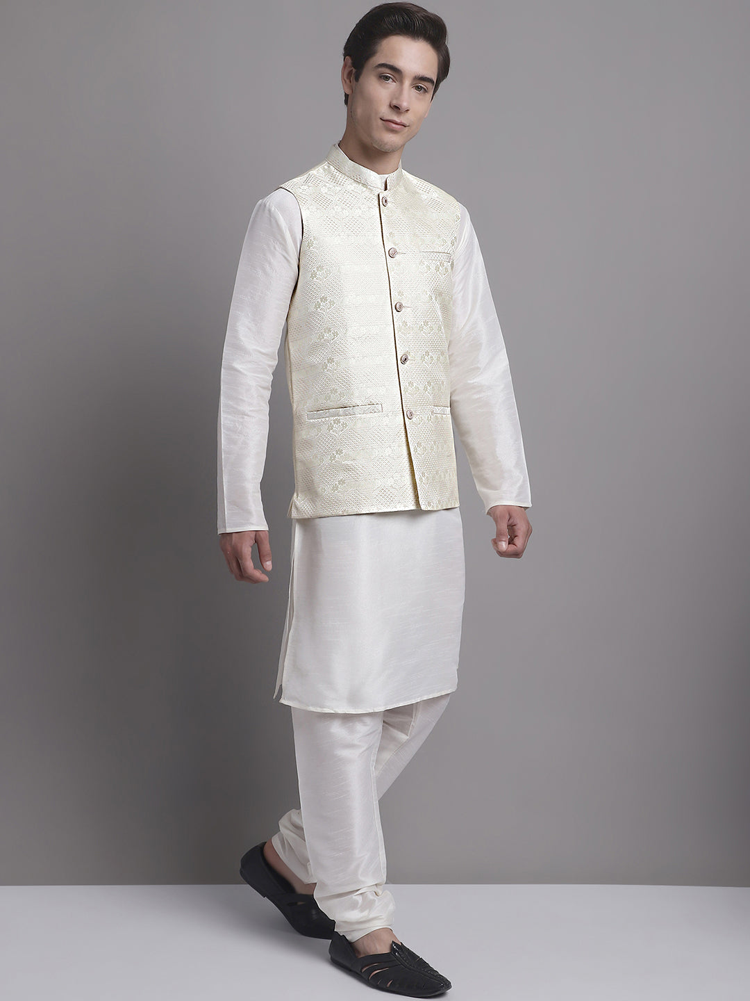 Jompers Men's Cream Woven Design Nehru Jacket With Solid Kurta Pyjama