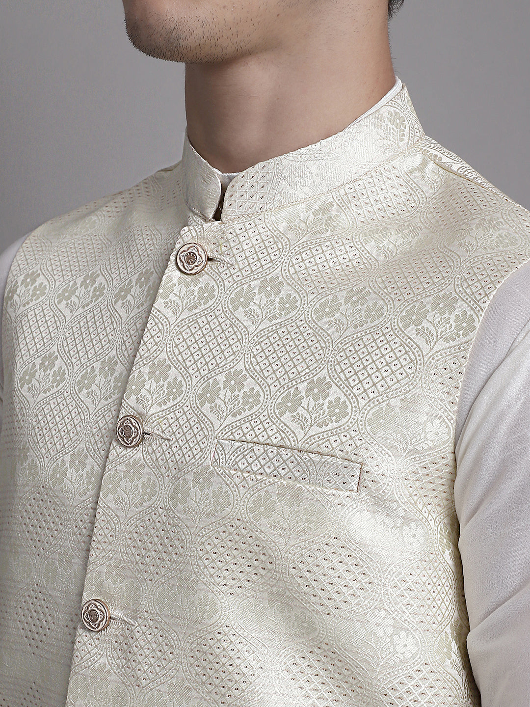 Jompers Men's Cream Woven Design Nehru Jacket With Solid Kurta Pyjama