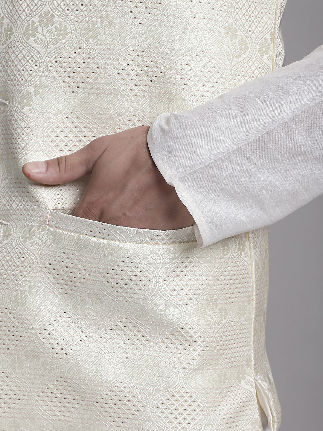Jompers Men's Cream Woven Design Nehru Jacket With Solid Kurta Pyjama