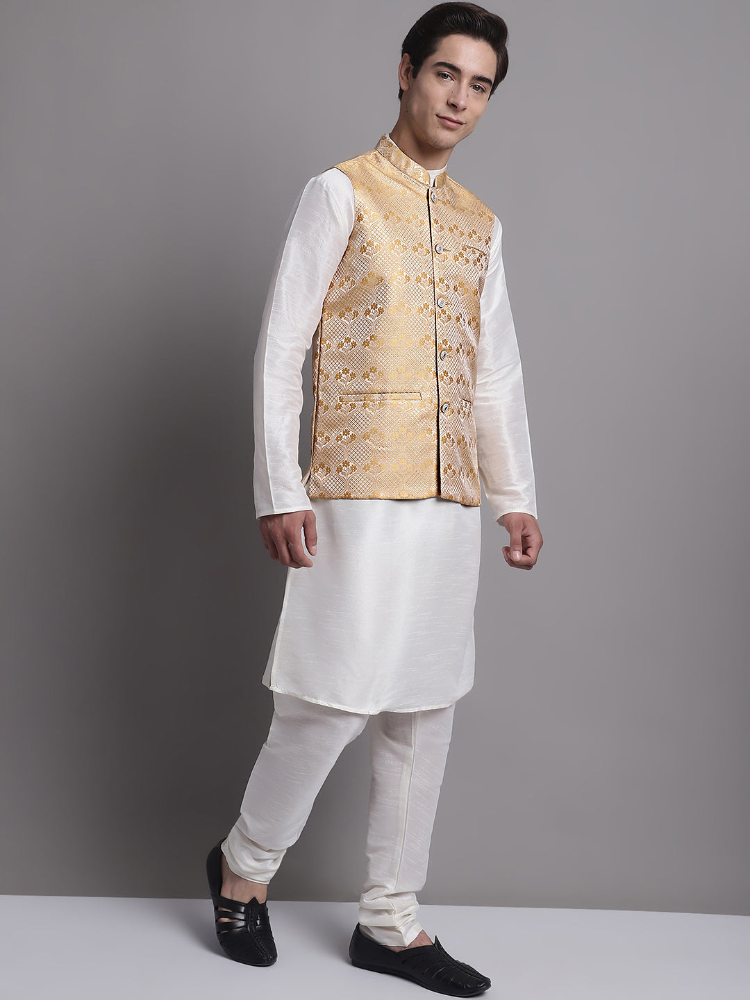 Jompers Men's Golden Woven Design Nehru Jacket With Solid Kurta Pyjama