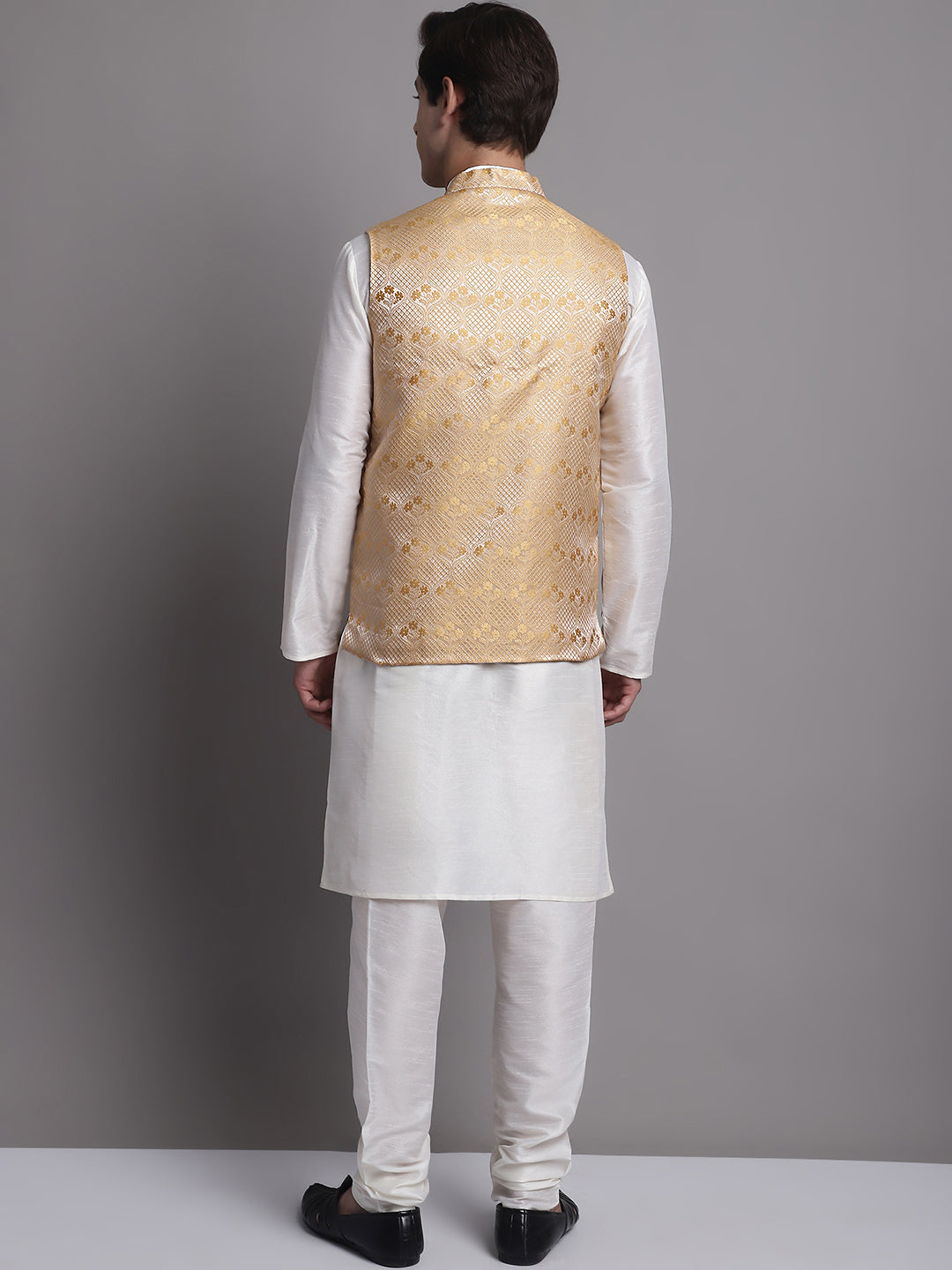Jompers Men's Golden Woven Design Nehru Jacket With Solid Kurta Pyjama