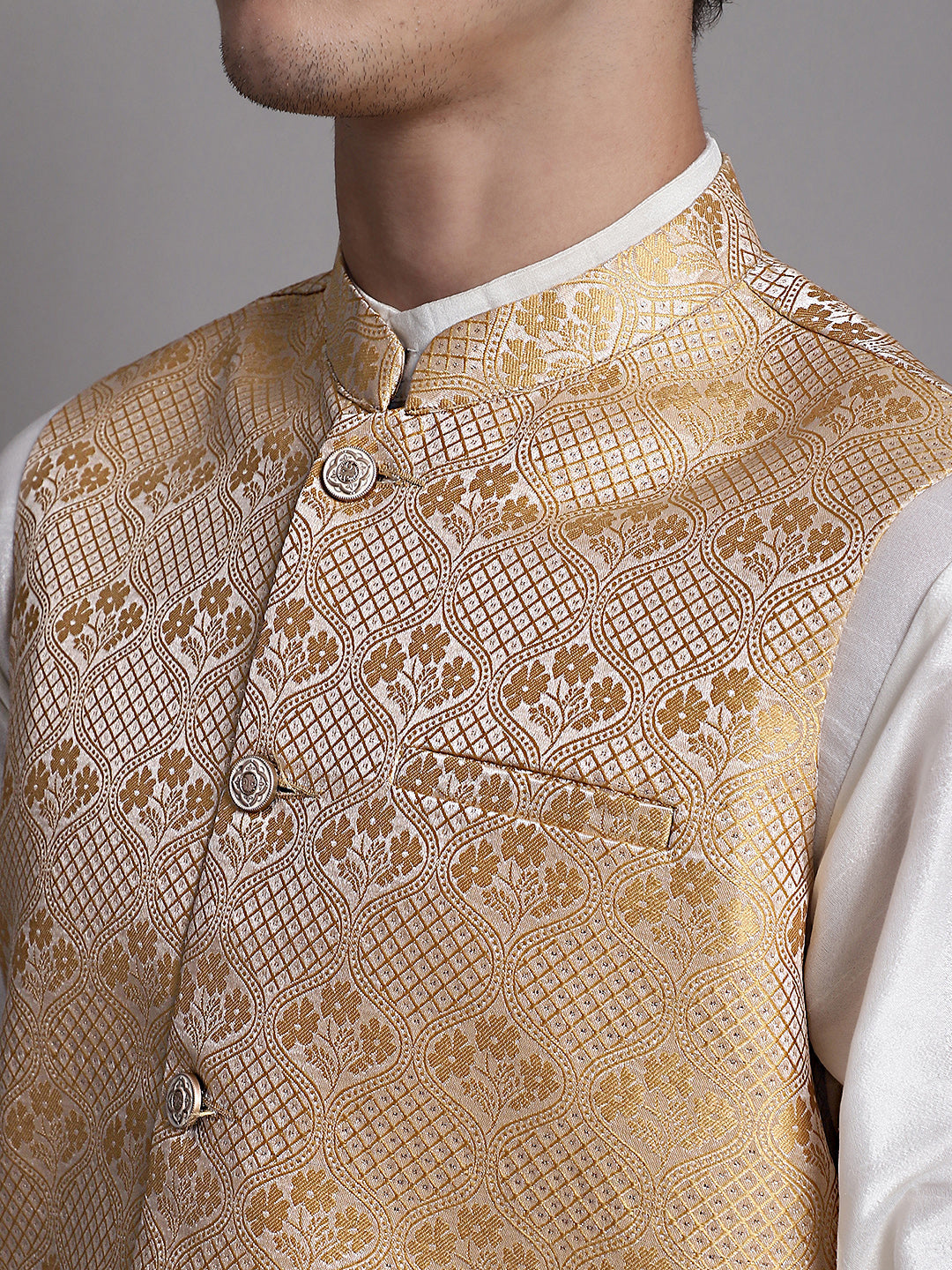 Jompers Men's Golden Woven Design Nehru Jacket With Solid Kurta Pyjama