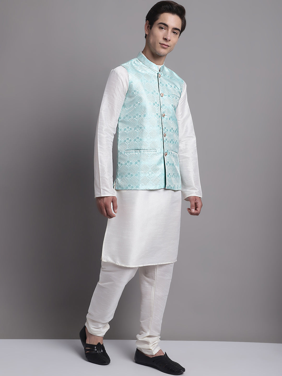 Jompers Men's Turquoise Blue Woven Design Nehru Jacket With Solid Kurta Pyjama