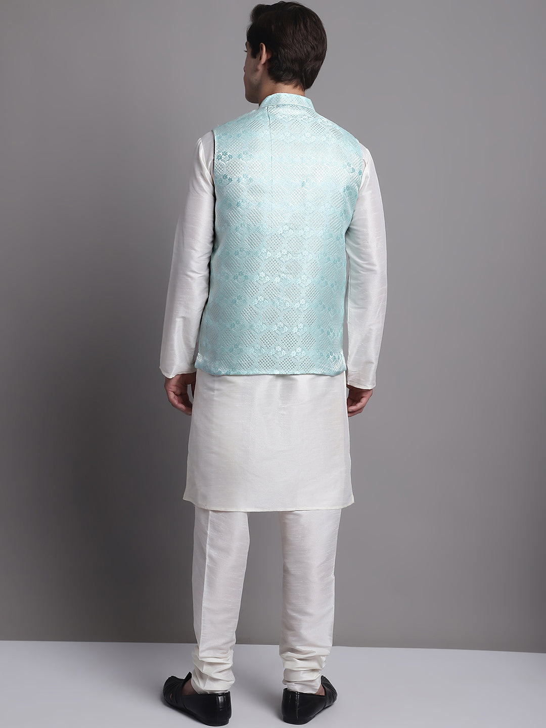 Jompers Men's Turquoise Blue Woven Design Nehru Jacket With Solid Kurta Pyjama