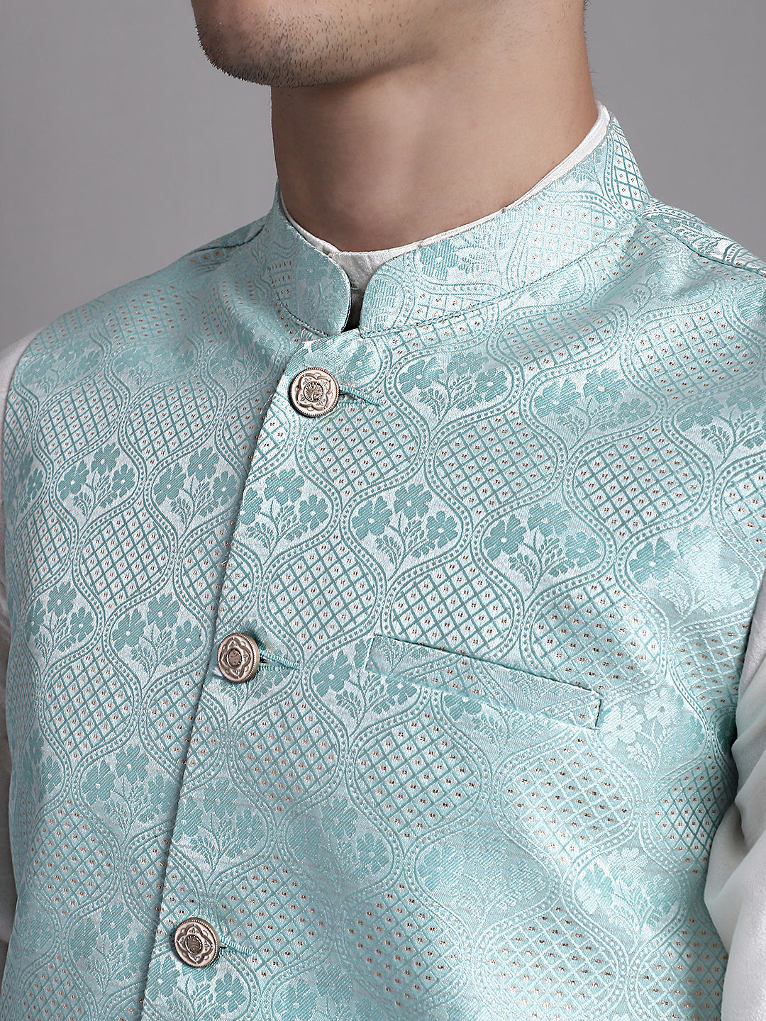Jompers Men's Turquoise Blue Woven Design Nehru Jacket With Solid Kurta Pyjama