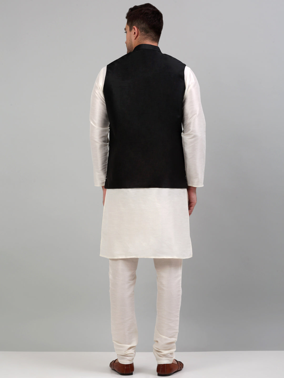 Jompers Men's Embroidered Nehru Jacket With Solid Kurta Pyjama Set - Black