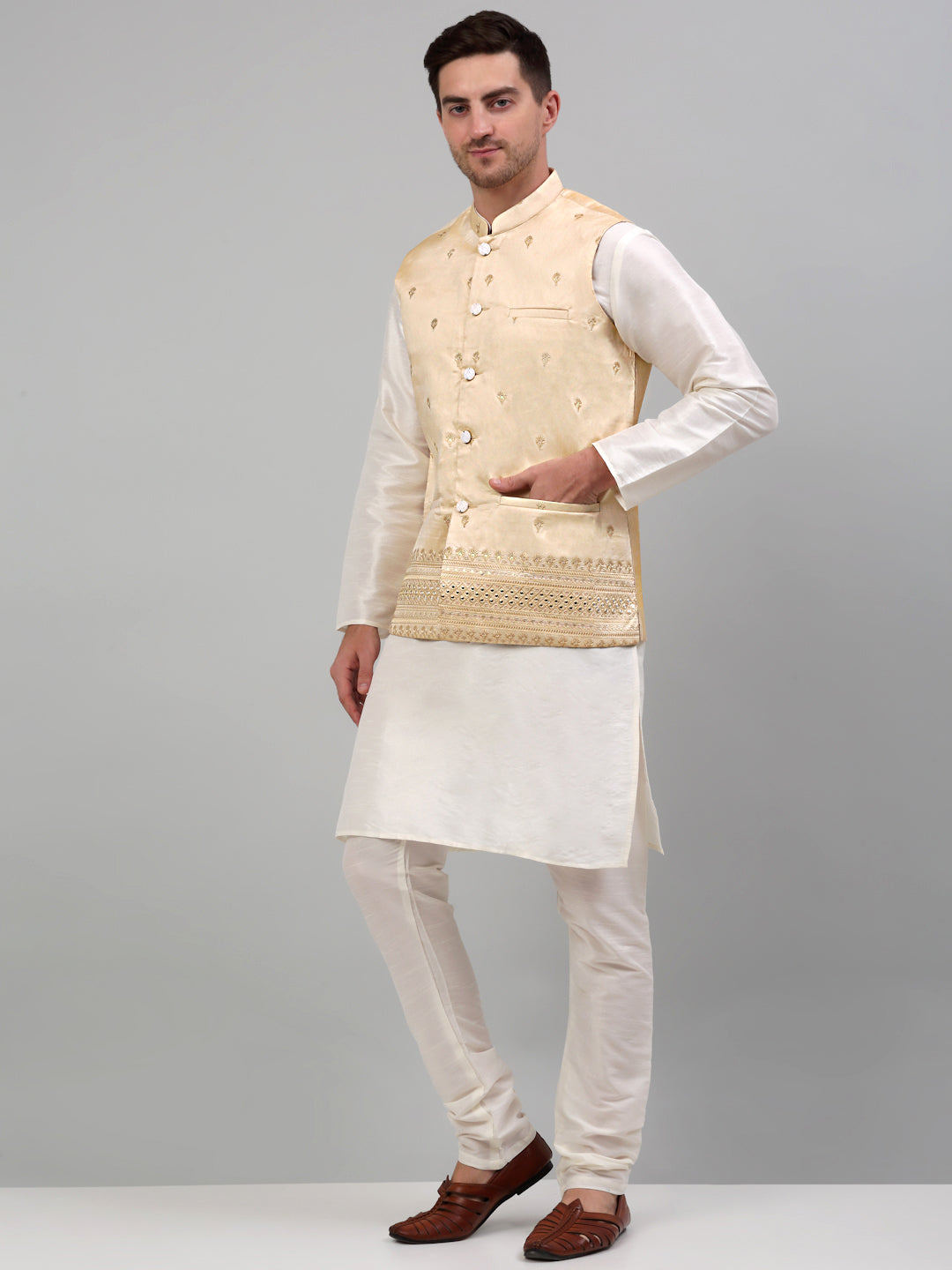 Jompers Men's Embroidered Nehru Jacket With Solid Kurta Pyjama Set - Golden