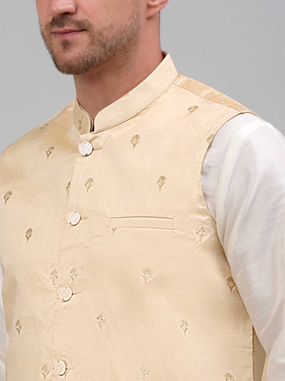 Jompers Men's Embroidered Nehru Jacket With Solid Kurta Pyjama Set - Golden