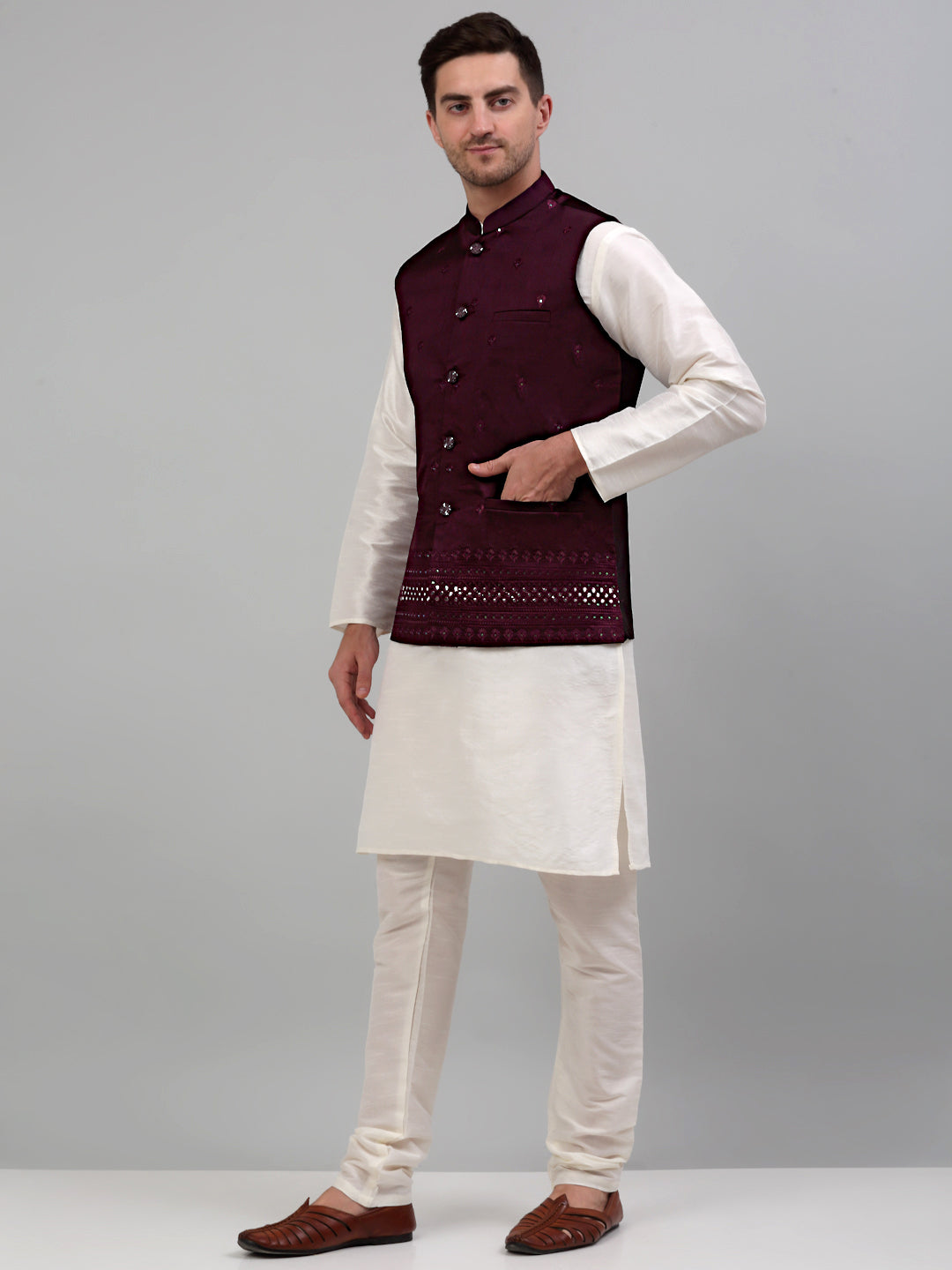 Jompers Men's Embroidered Nehru Jacket With Solid Kurta Pyjama Set - Purple