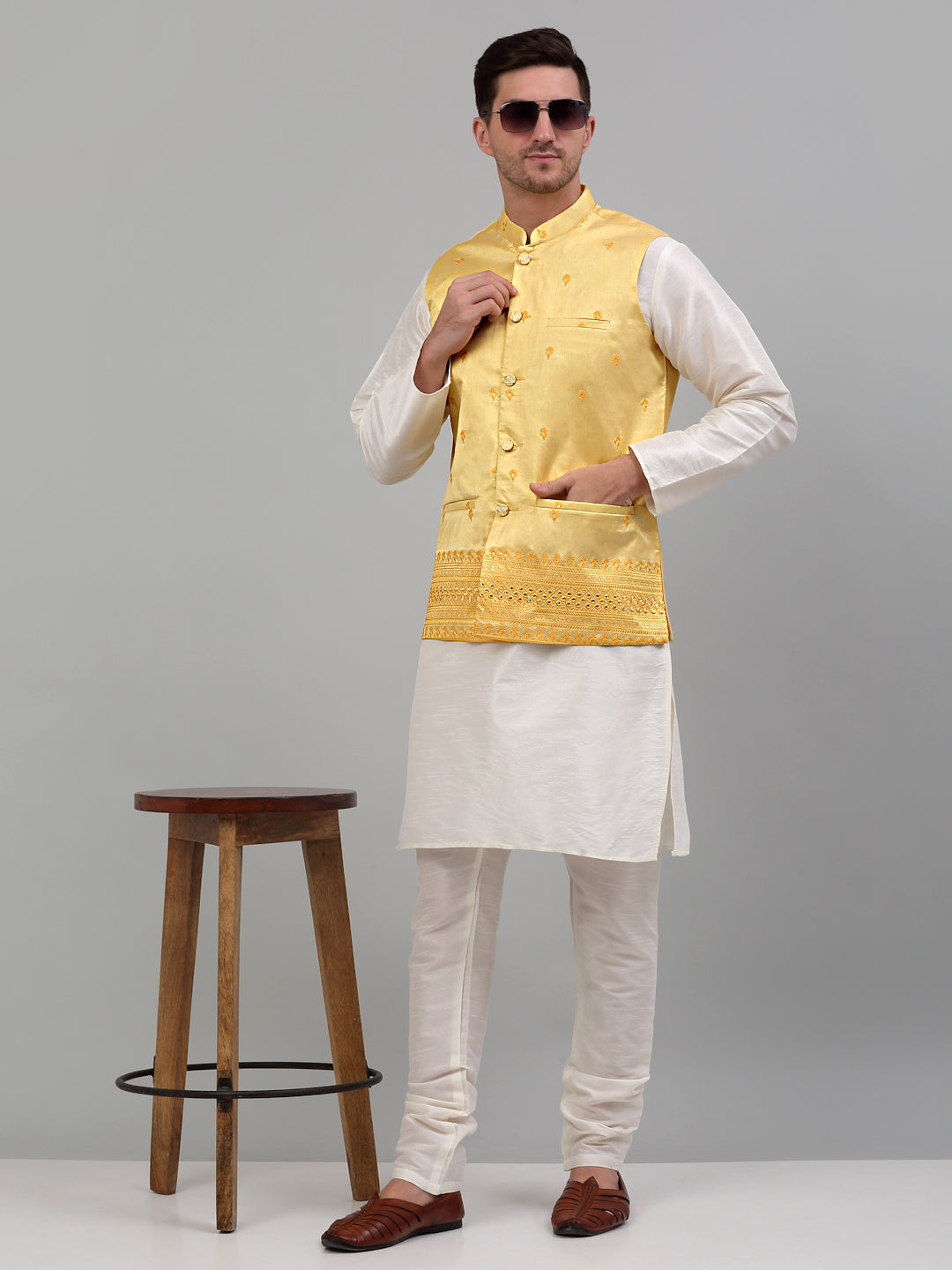 Jompers Men's Embroidered Nehru Jacket With Solid Kurta Pyjama Set - Yellow