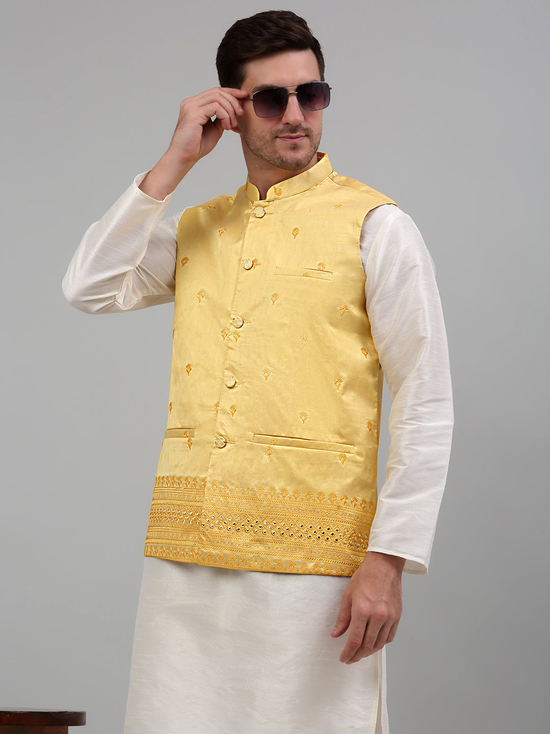 Jompers Men's Embroidered Nehru Jacket With Solid Kurta Pyjama Set - Yellow