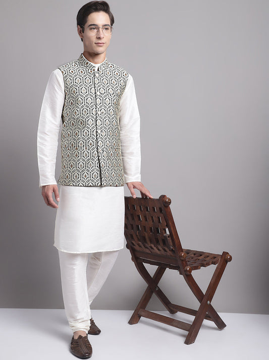 Jompers Men's Silver and Black Woven Design Nehru Jacket With Solid Kurta Pyjama