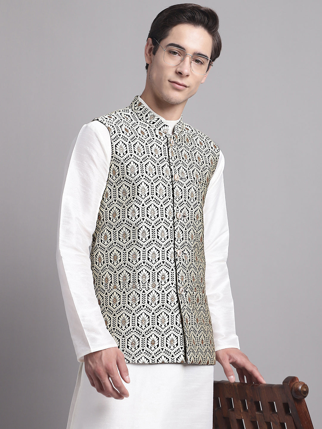 Jompers Men's Silver and Black Woven Design Nehru Jacket With Solid Kurta Pyjama
