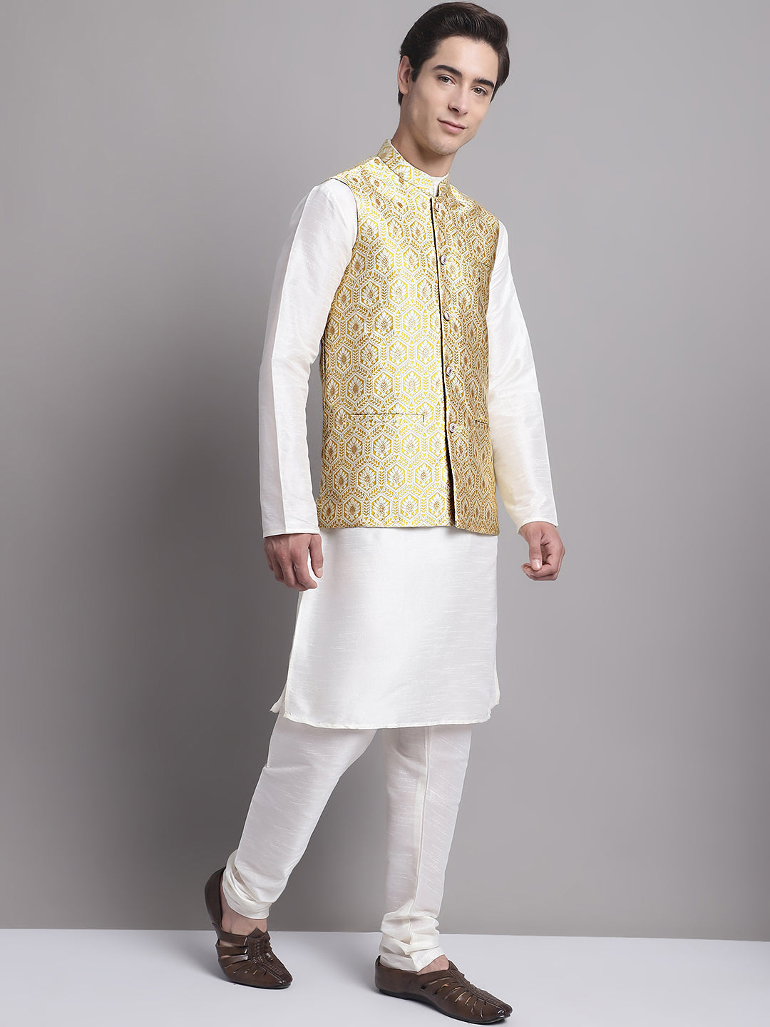 Jompers Men's Golden Woven Design Nehru Jacket With Solid Kurta Pyjama