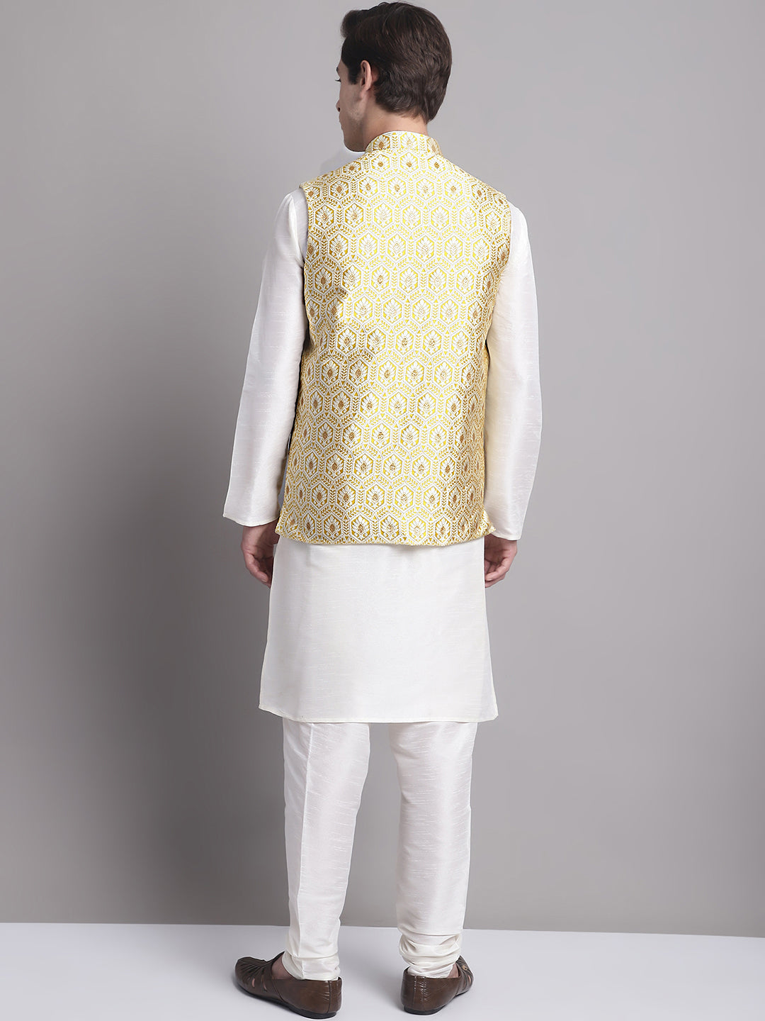 Jompers Men's Golden Woven Design Nehru Jacket With Solid Kurta Pyjama