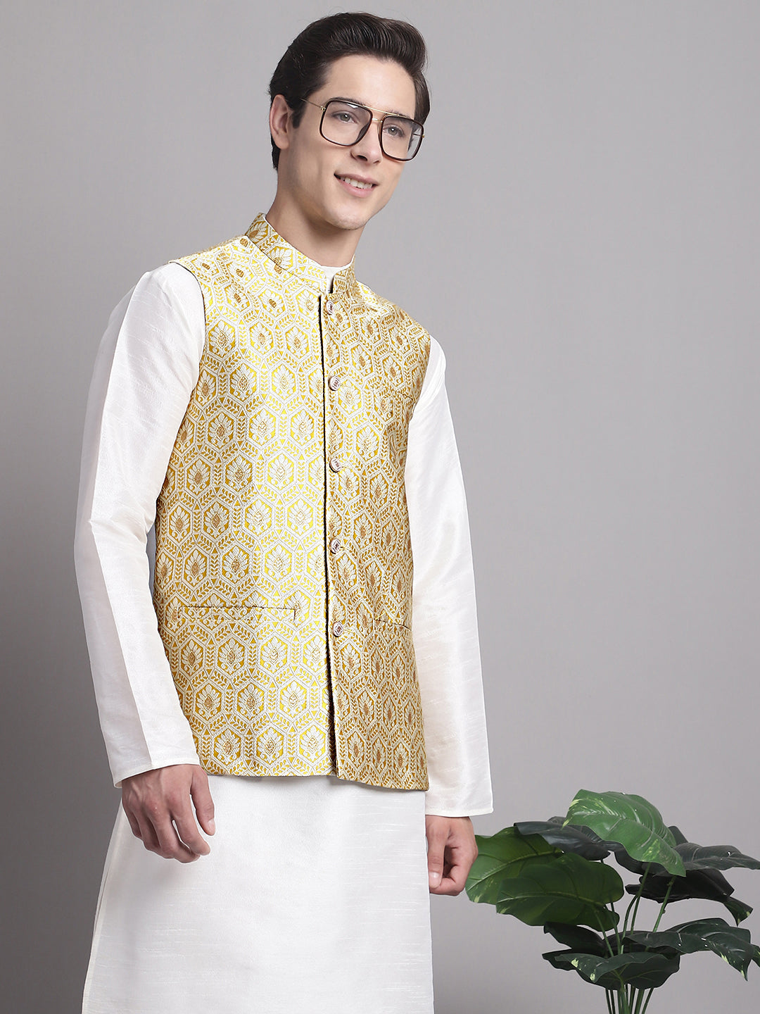 Jompers Men's Golden Woven Design Nehru Jacket With Solid Kurta Pyjama