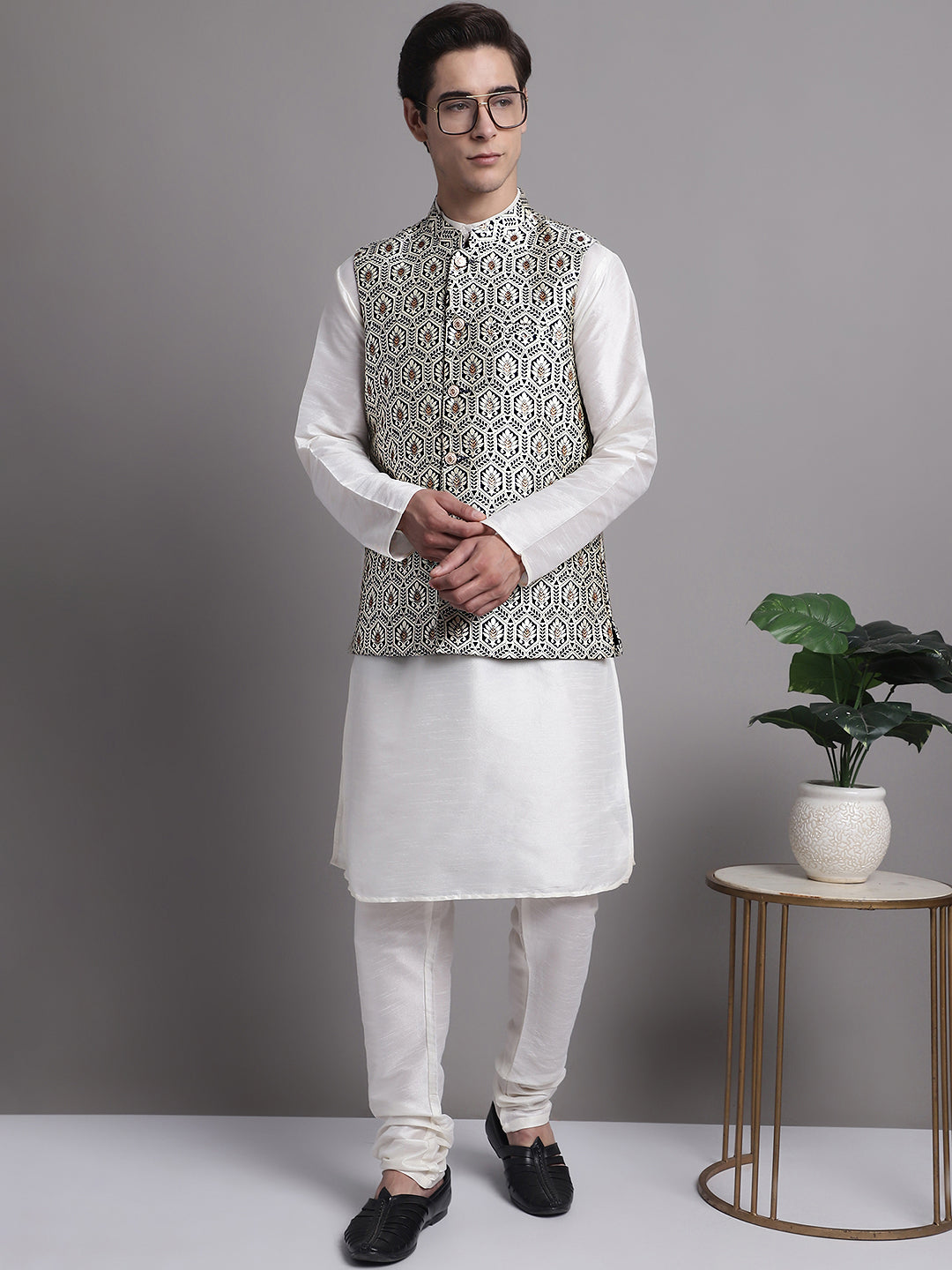 Jompers Men's Silver and Navy Blue Woven Design Nehru Jacket With Solid Kurta Pyjama