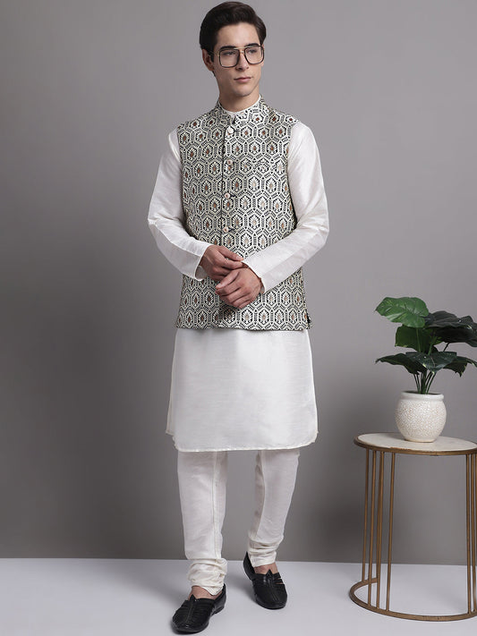 Jompers Men's Silver and Navy Blue Woven Design Nehru Jacket With Solid Kurta Pyjama