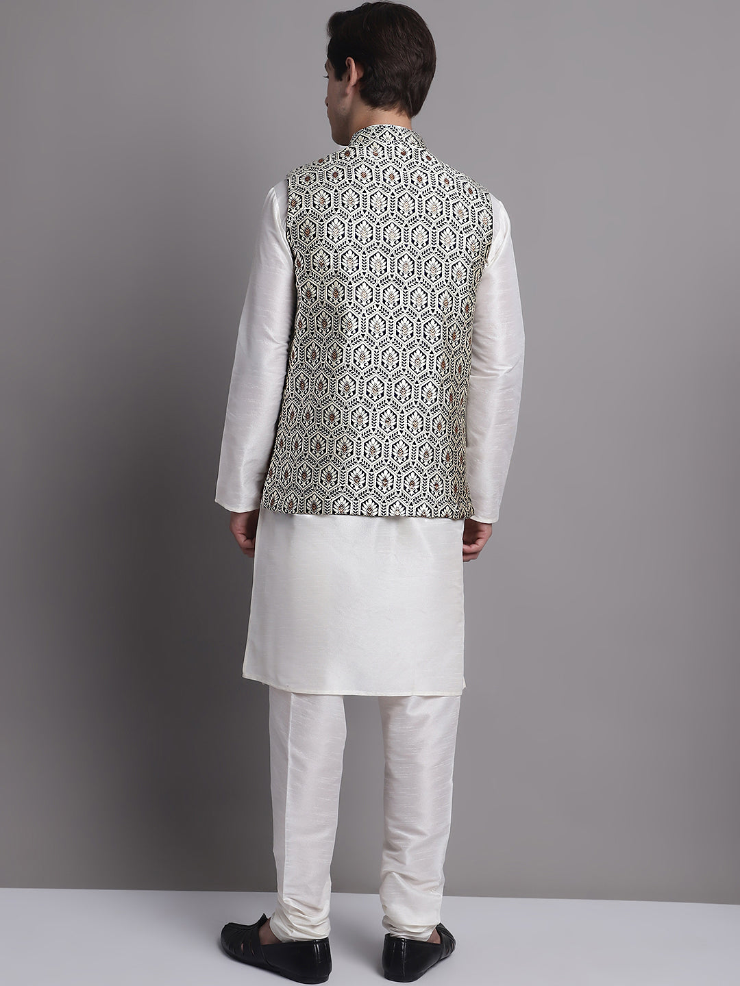 Jompers Men's Silver and Navy Blue Woven Design Nehru Jacket With Solid Kurta Pyjama