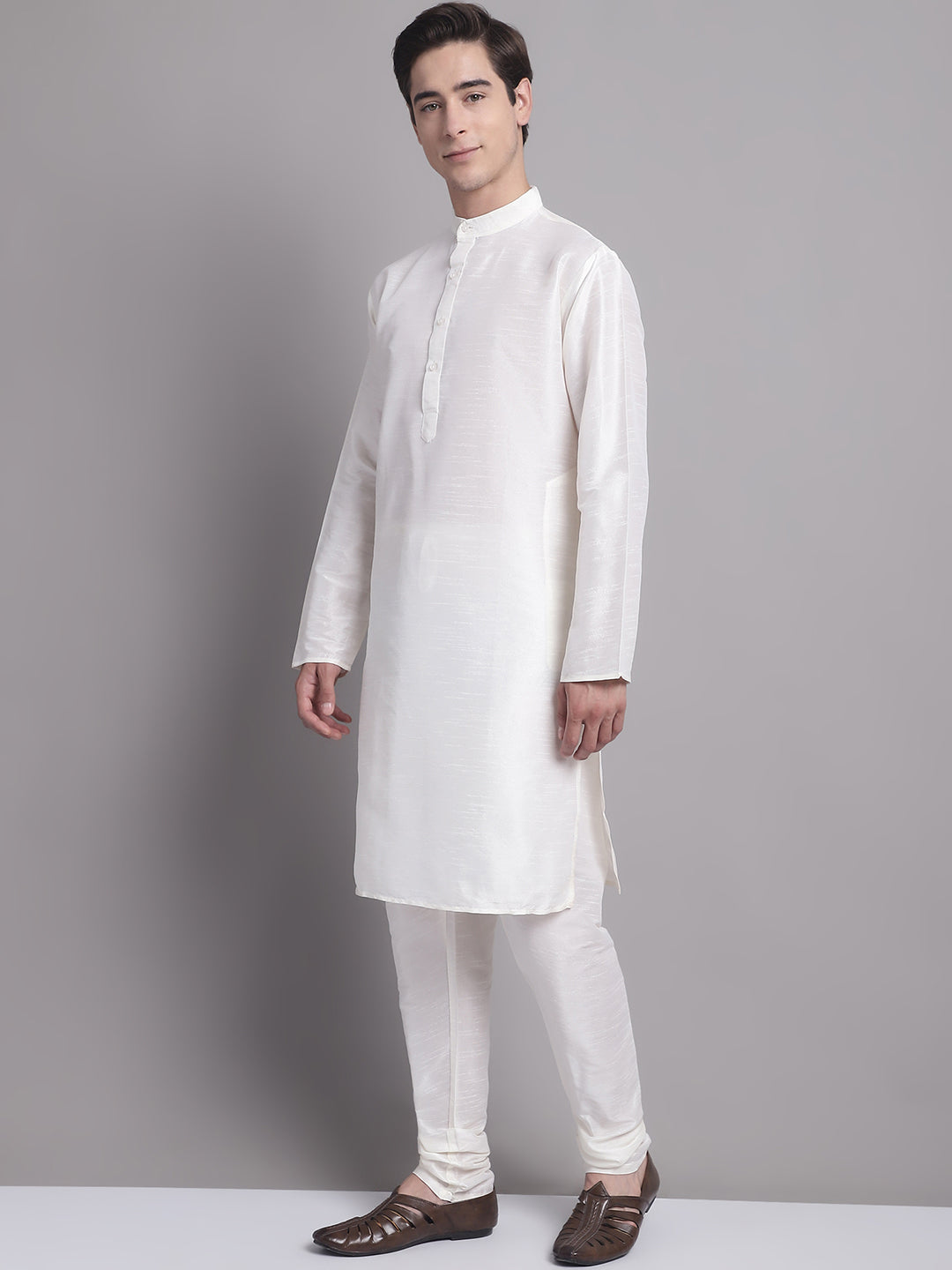 Jompers Men's Silver and Navy Blue Woven Design Nehru Jacket With Solid Kurta Pyjama