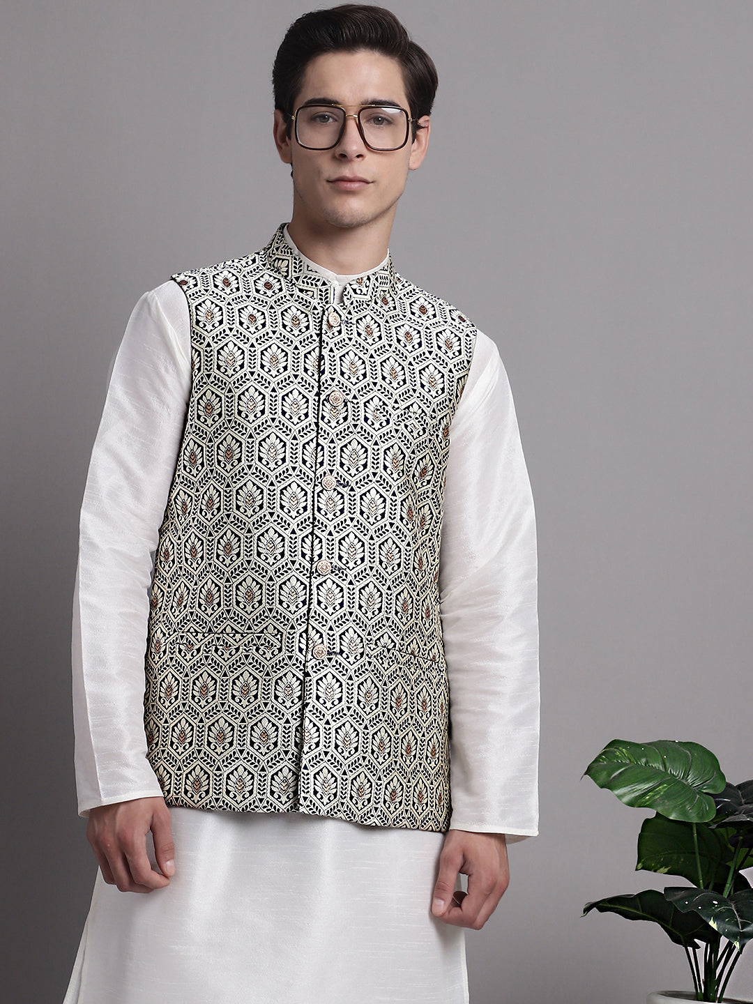 Jompers Men's Silver and Navy Blue Woven Design Nehru Jacket With Solid Kurta Pyjama