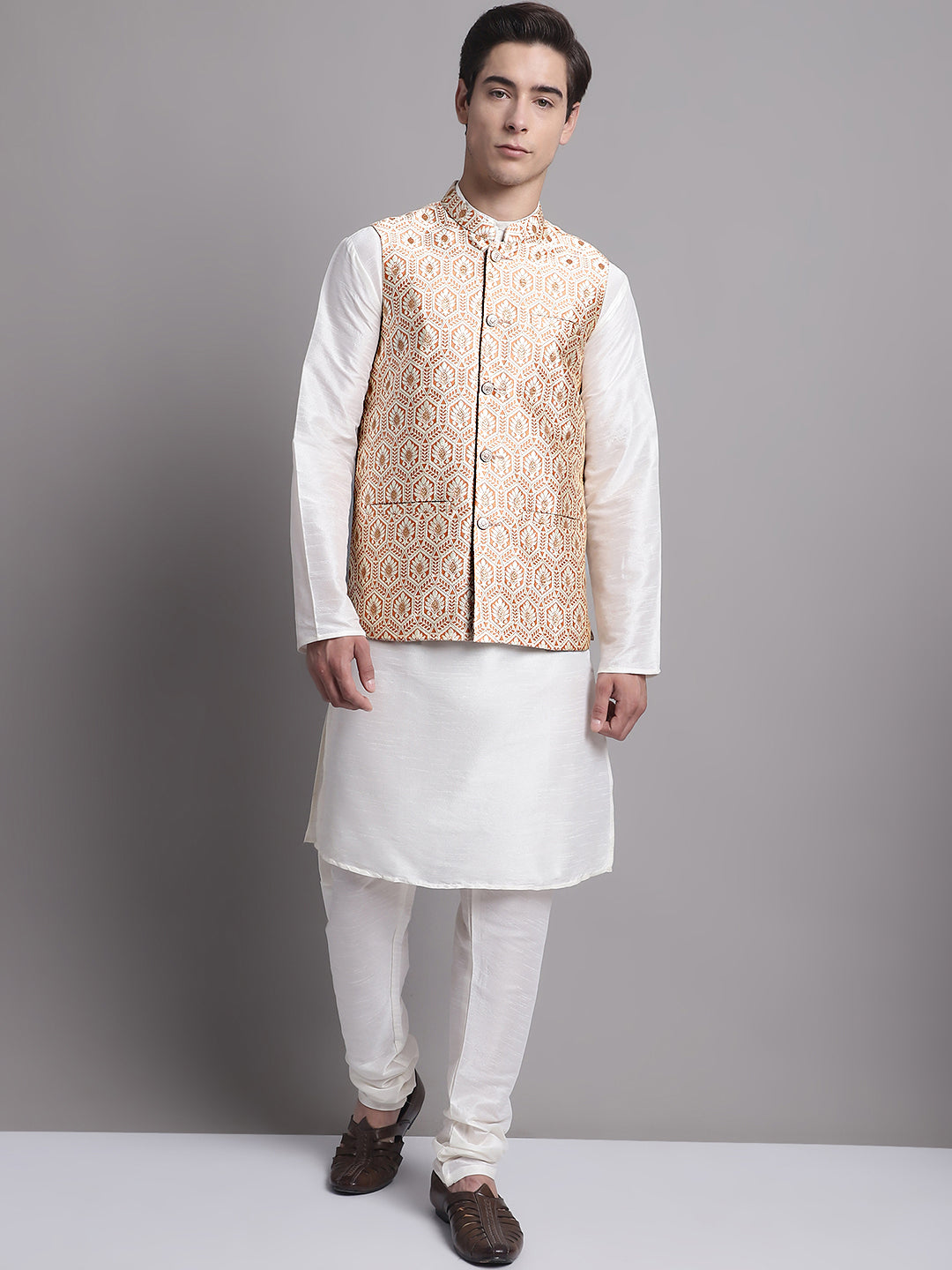 Jompers Men's Peach Woven Design Nehru Jacket With Solid Kurta Pyjama
