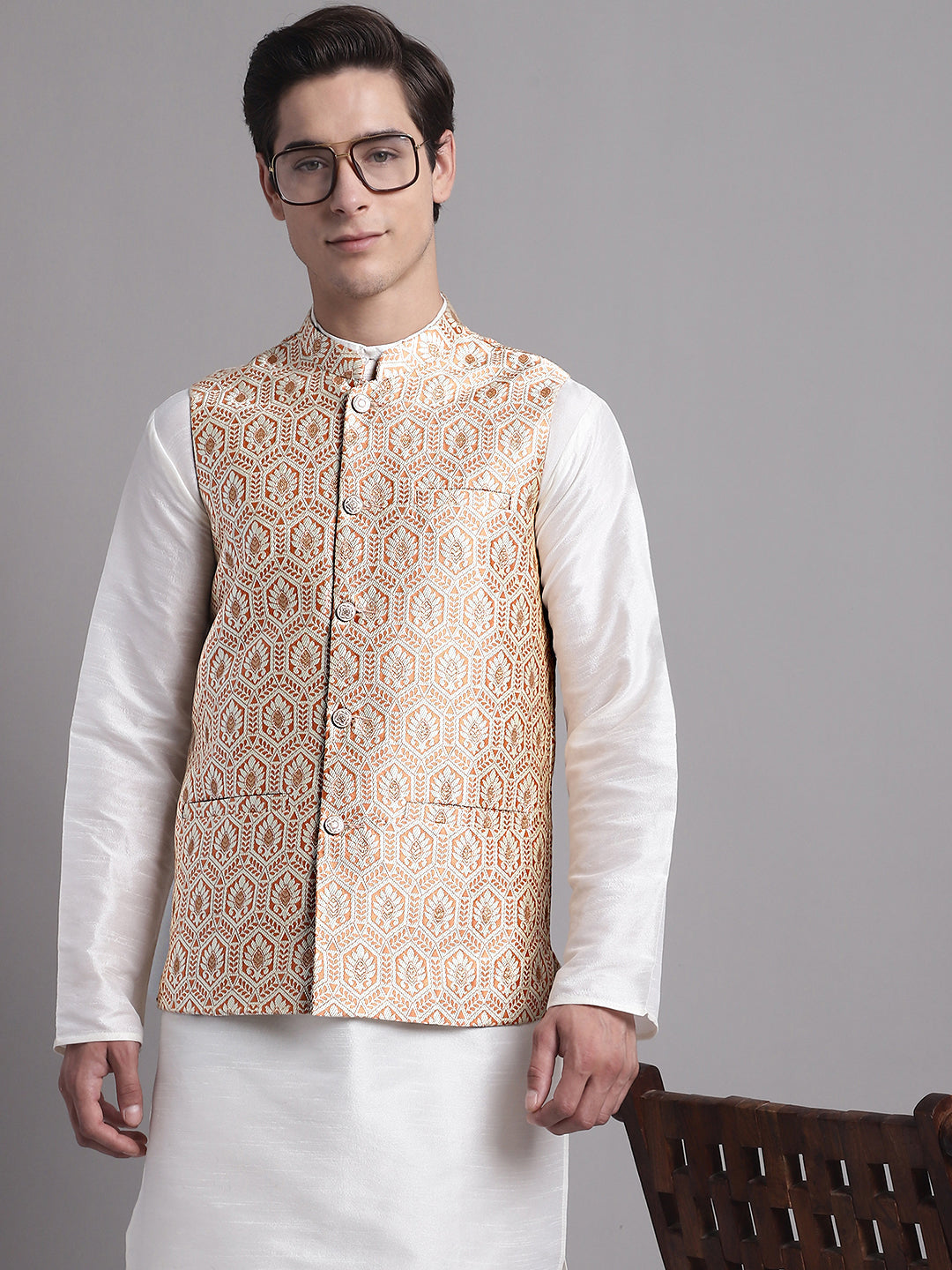Jompers Men's Peach Woven Design Nehru Jacket With Solid Kurta Pyjama