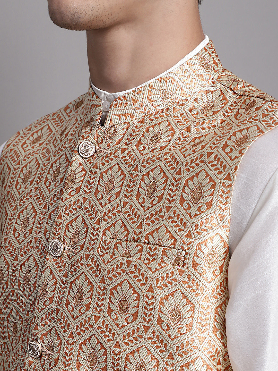 Jompers Men's Peach Woven Design Nehru Jacket With Solid Kurta Pyjama