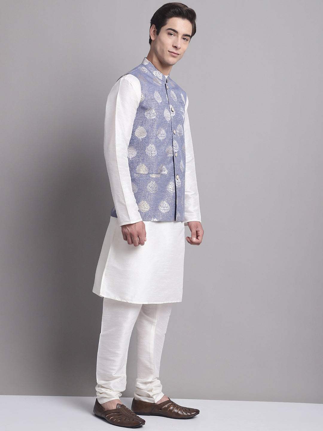 Jompers Men's Blue Printed Nehru Jacket With Solid Kurta Pyjama