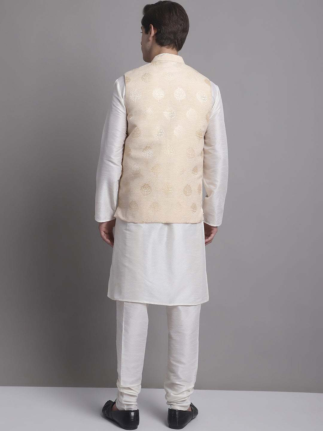 Jompers Men's Cream Printed Nehru Jacket With Solid Kurta Pyjama