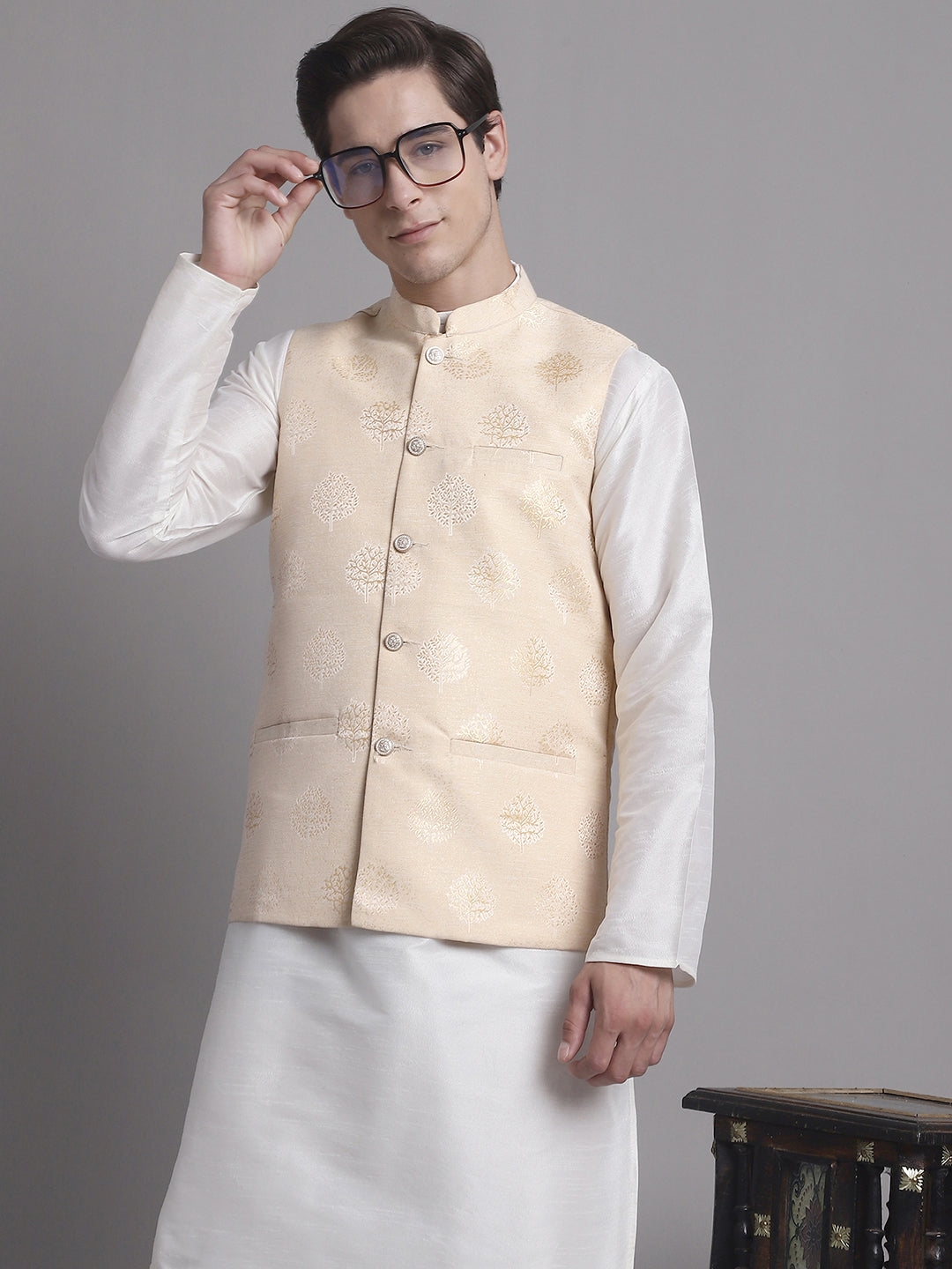 Jompers Men's Cream Printed Nehru Jacket With Solid Kurta Pyjama