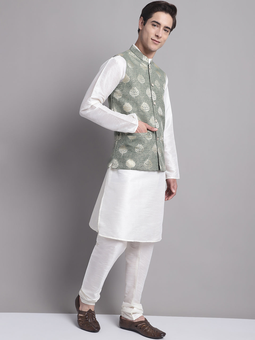 Jompers Men's Green Printed Nehru Jacket With Solid Kurta Pyjama