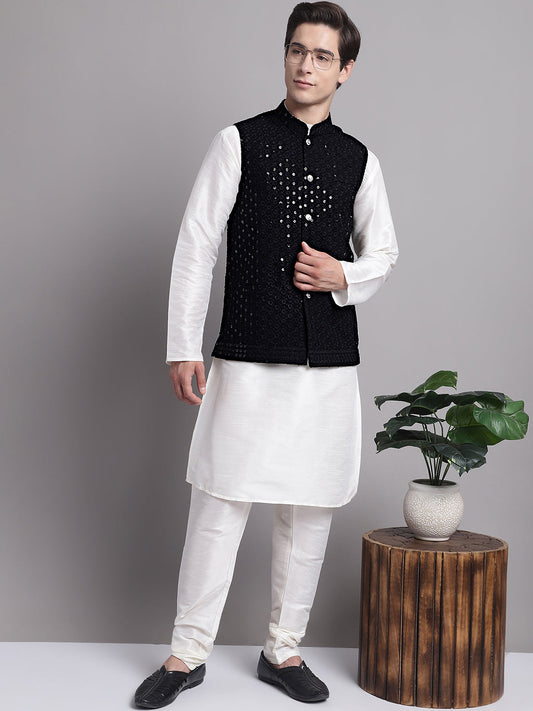 Jompers Men's Black Sequins and Embroidred Nehru Jacket With Solid Kurta Pyjama