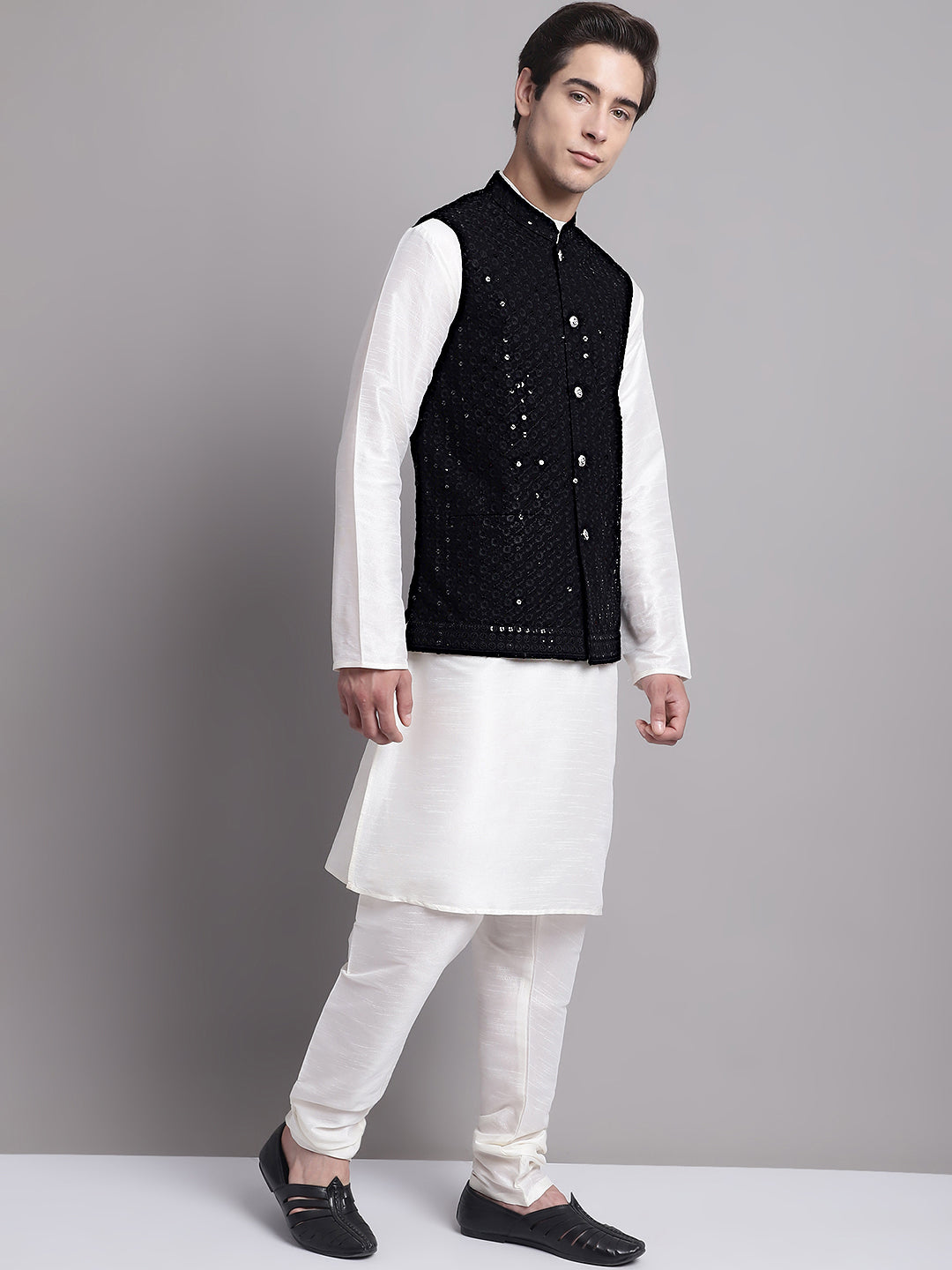Jompers Men's Black Sequins and Embroidred Nehru Jacket With Solid Kurta Pyjama