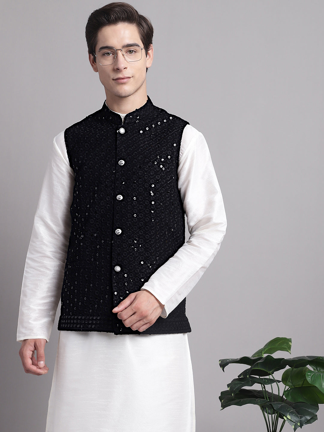 Jompers Men's Black Sequins and Embroidred Nehru Jacket With Solid Kurta Pyjama