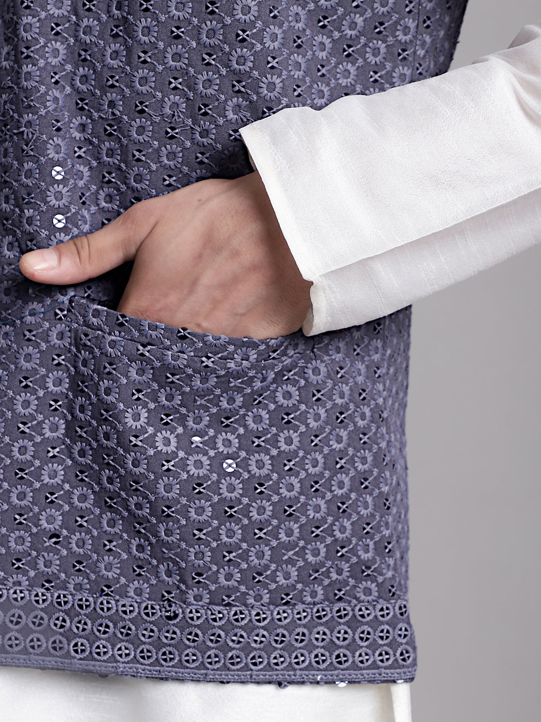 Jompers Men's Grey Sequins and Embroidred Nehru Jacket With Solid Kurta Pyjama