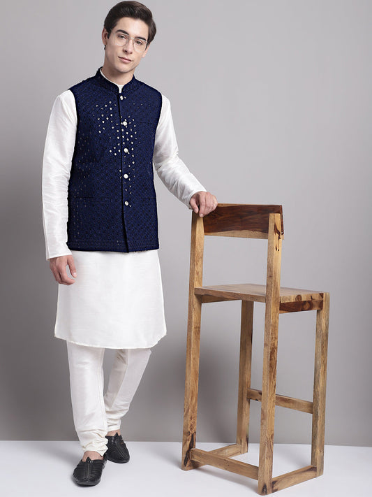 Jompers Men's Navy Blue Sequins and Embroidred Nehru Jacket With Solid Kurta Pyjama